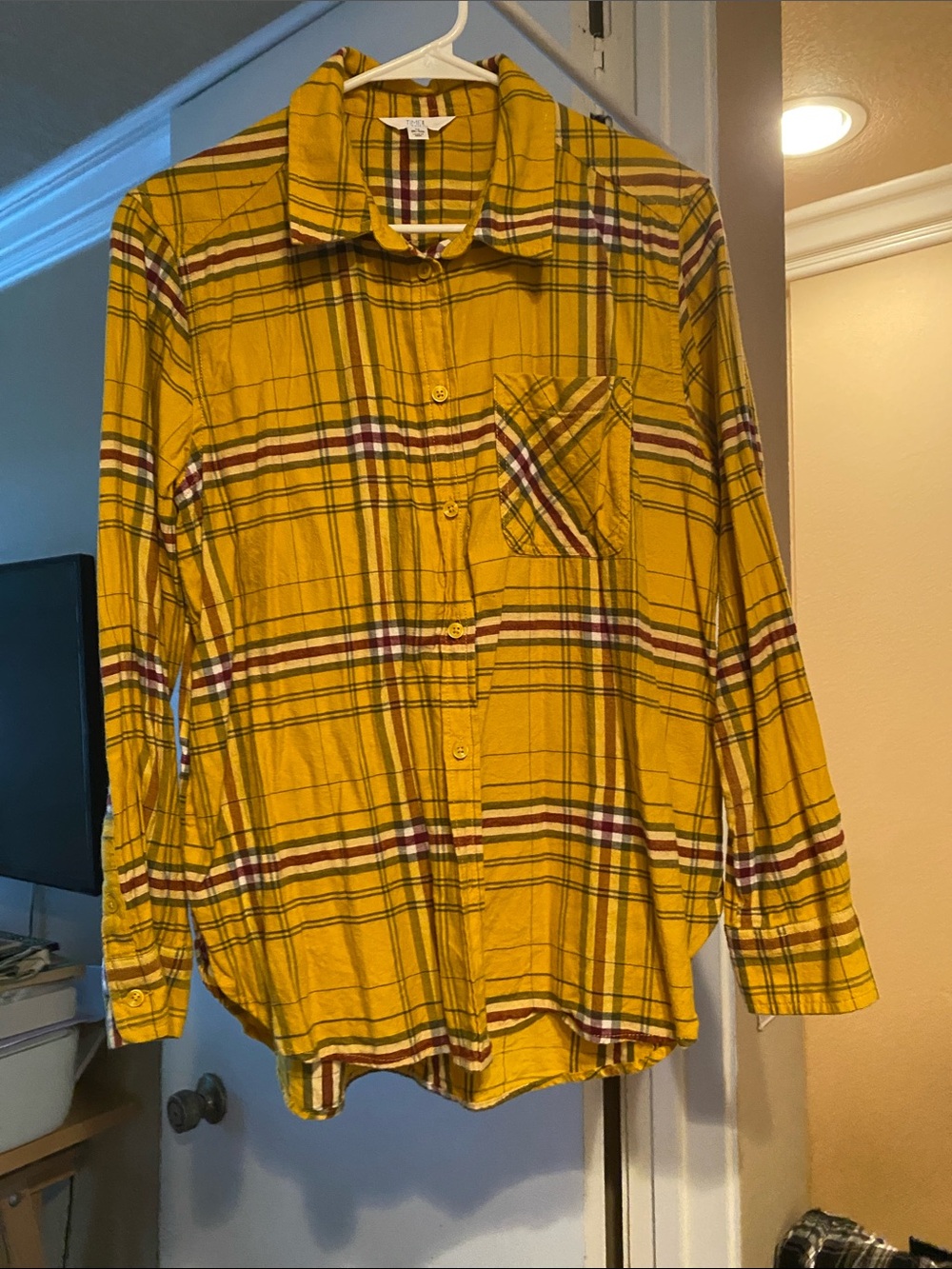 100% Cotton Yellow Plaid Button-Up Shirt Size Medium